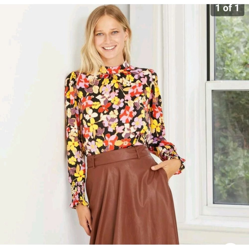 Who What Wear Top L Floral Long Sleeve High Neck Garden - Picture 2 of 8